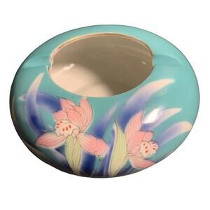 Vintage Ashtray Turquoise Floral Lily Pink Blue Japan Made 6” Diameter​​